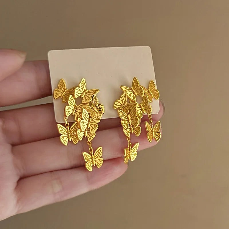 Butterfly Cluster Dangler Earrings-Gold