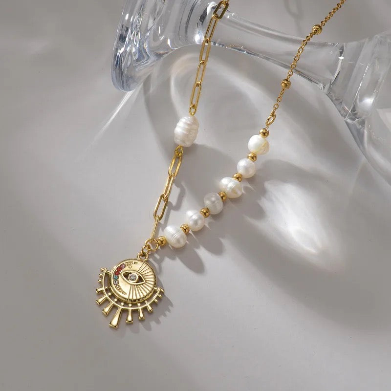 Evil Eye Fresh Water Pearl Necklace