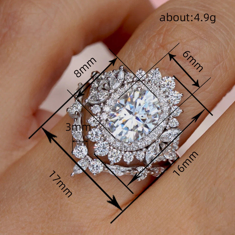 Halo Floral Solitaire Ring 2 Pc Set- Silver