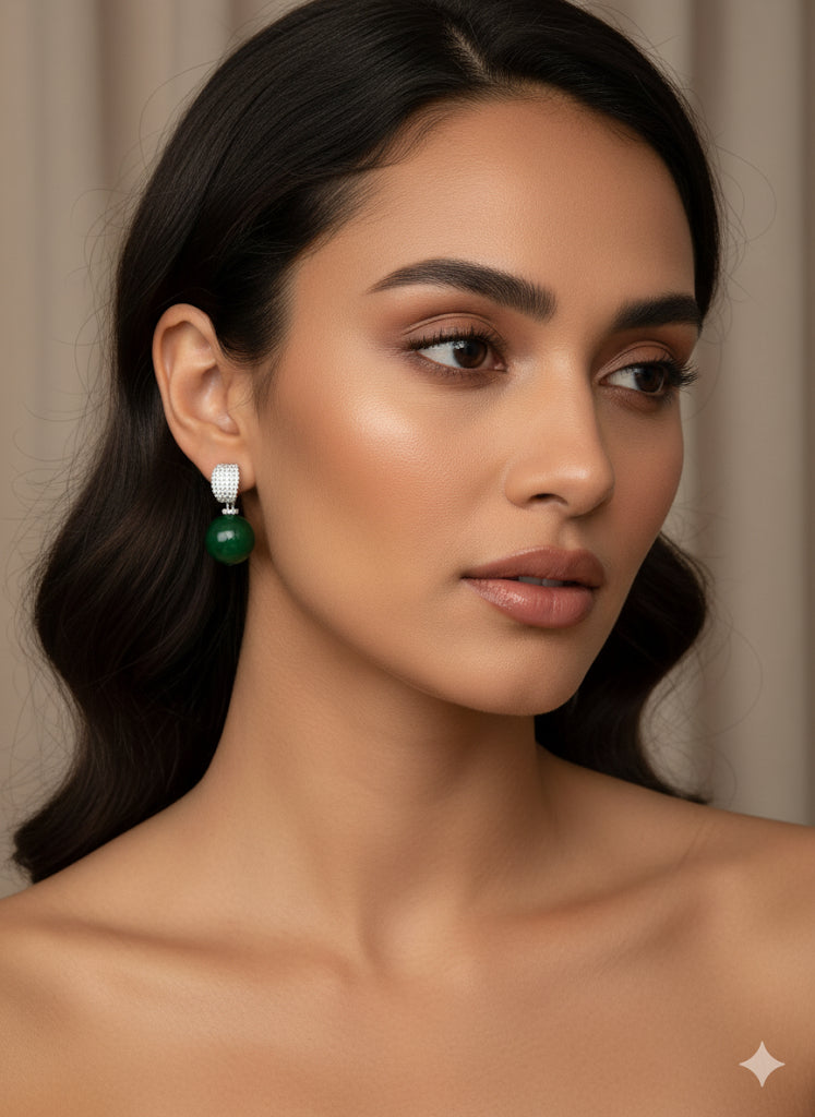 Royal Green Pearl Drop Earrings-Silver