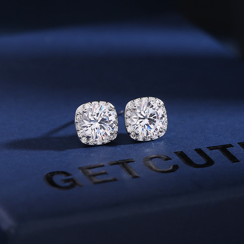 Halo Solitaire Stud Earrings- Silver