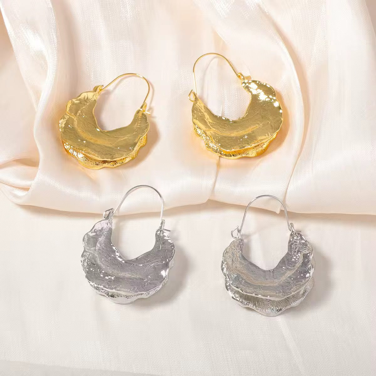 Hammered Hollow Hoop Earrings-Gold & Silver