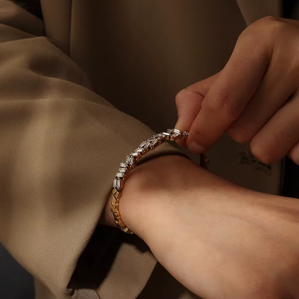 Thin Criss Cross Baguette Adjustable Kada Bracelet- Gold