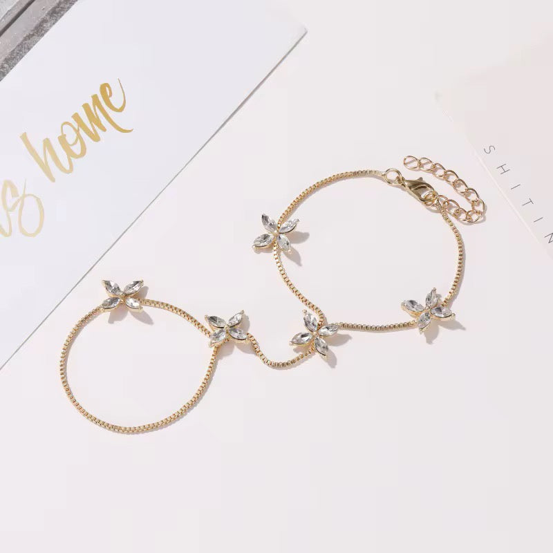 Daimond Flower Wrist & Finger Bracelet- Gold