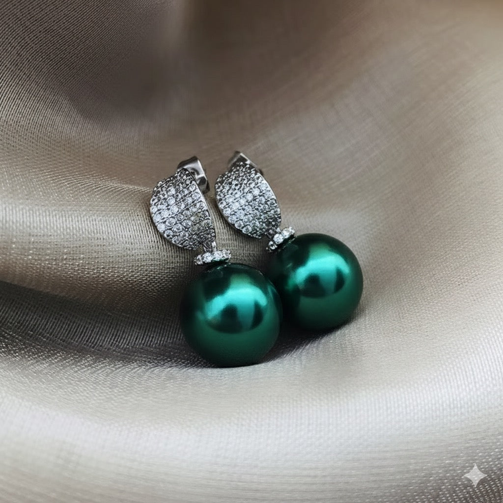 Royal Green Pearl Drop Earrings-Silver