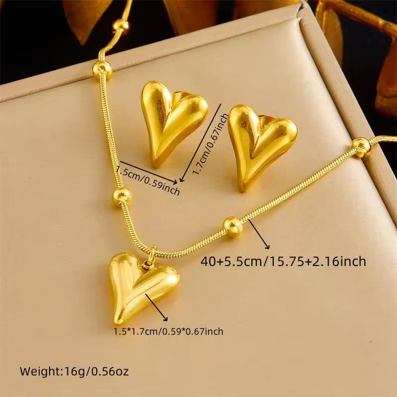 Tiny Heart Necklace & Studs Set-Gold