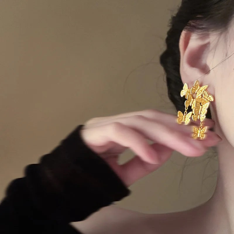Butterfly Cluster Dangler Earrings-Gold
