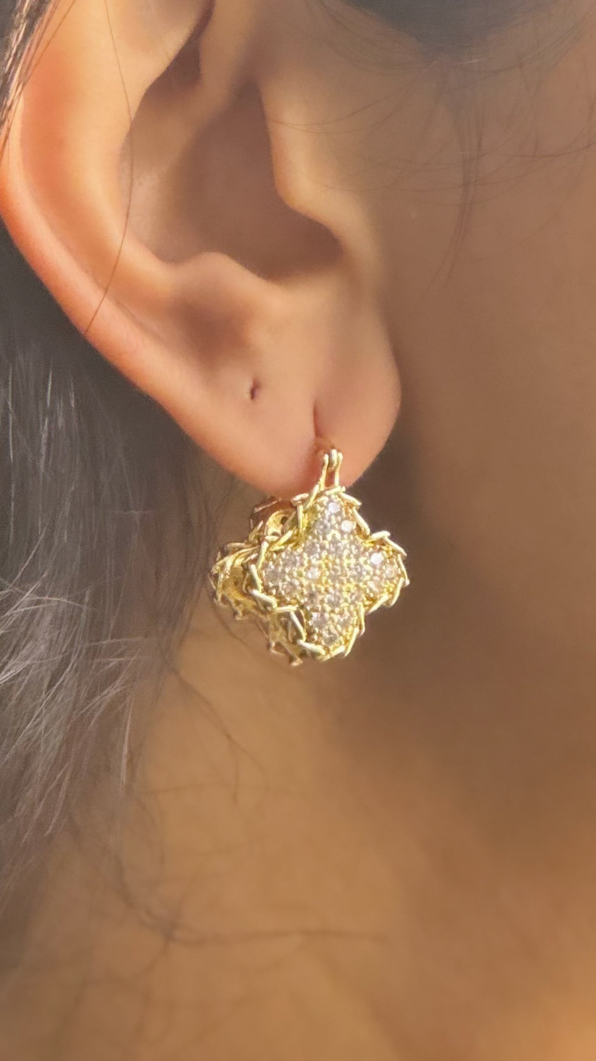 Studded Clover Gold Bali Earrings