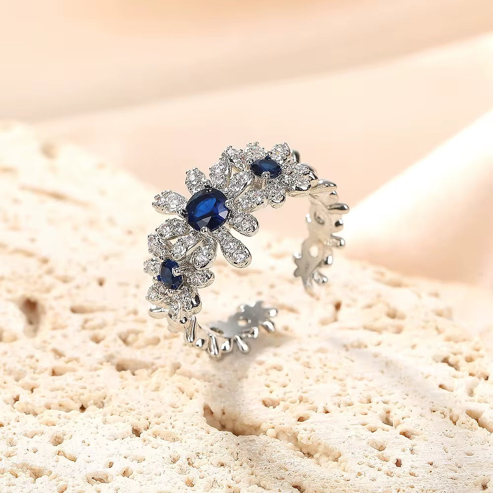 Blue Floral Ring-Silver