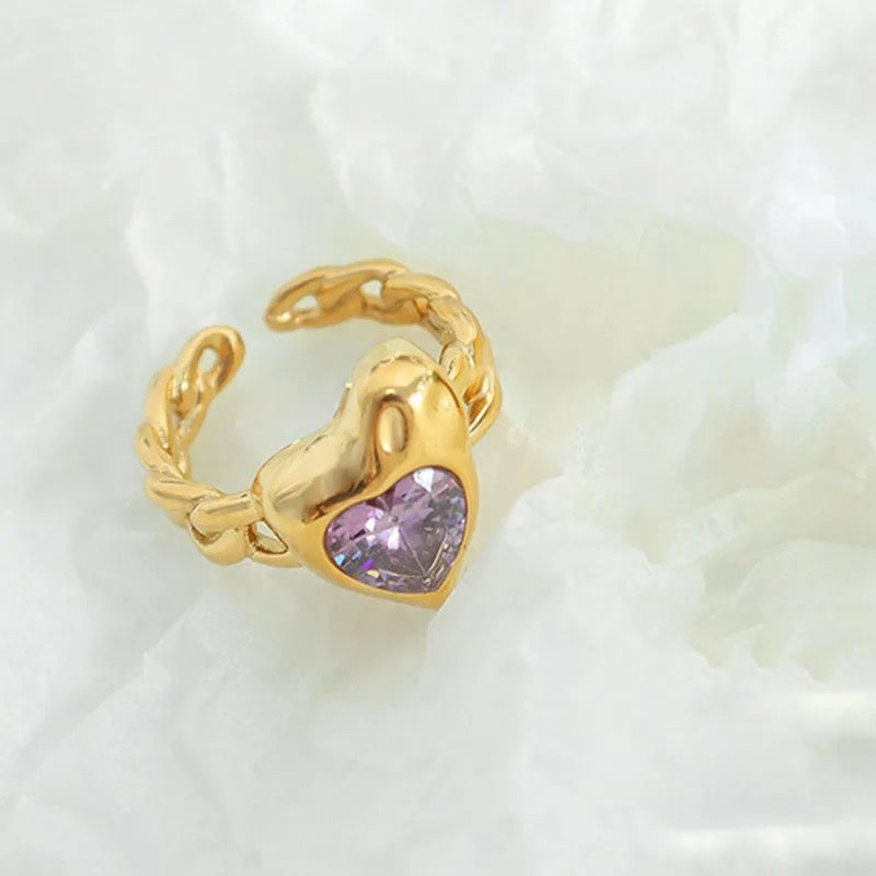 Chunky Purple Heart SS Ring - Gold