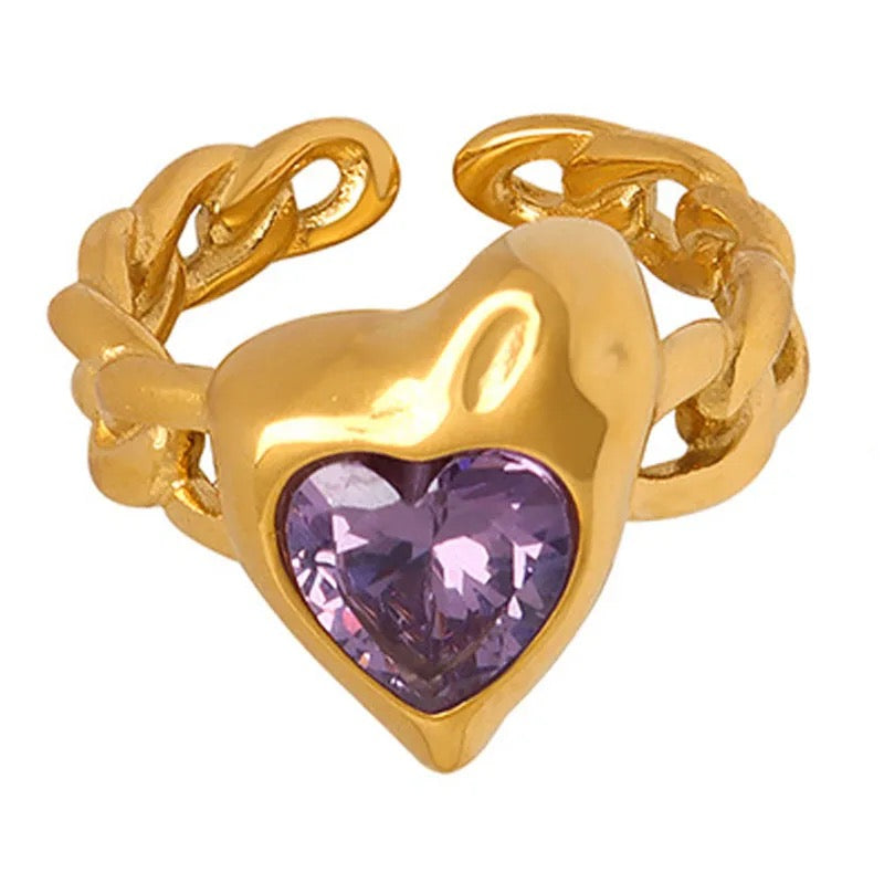 Chunky Purple Heart SS Ring - Gold