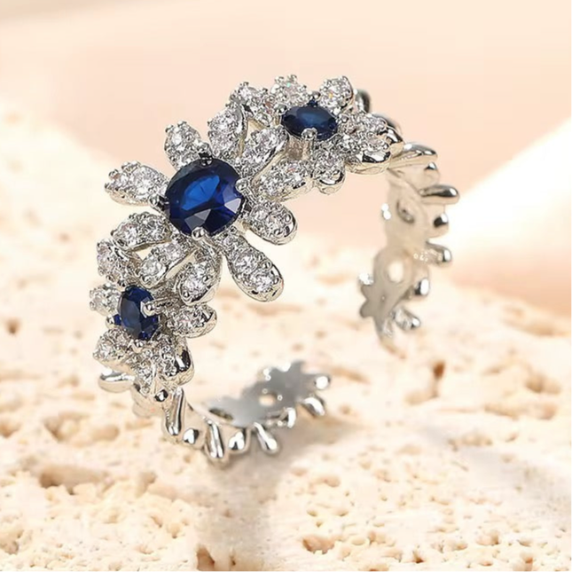 Blue Floral Ring-Silver