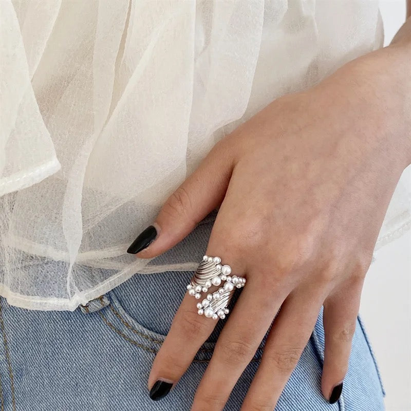 Vertical Pearl Ring-Silver & Gold