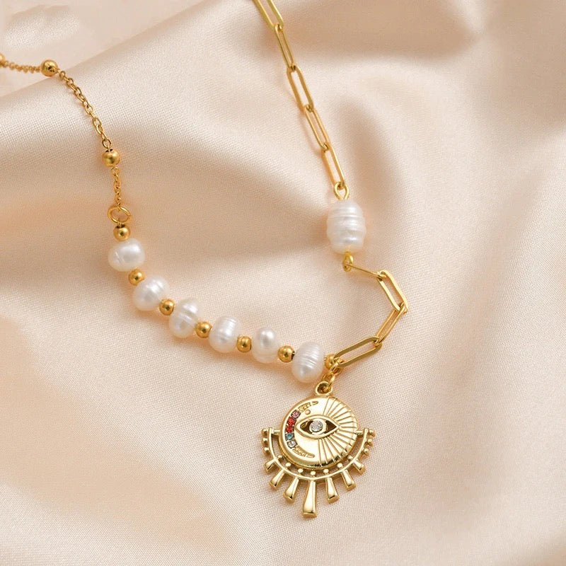 Evil Eye Fresh Water Pearl Necklace
