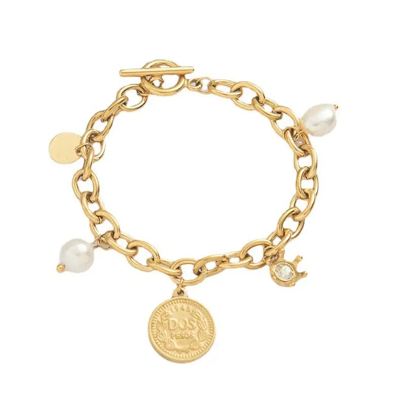 Chunky Pearl Coin Charm Bracelet - Gold