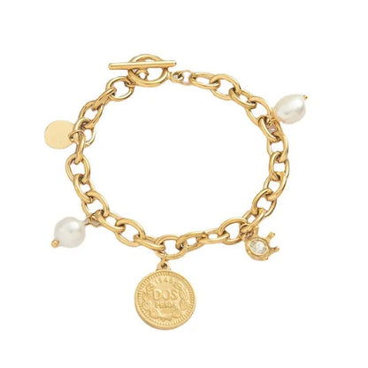 Chunky Pearl Coin Charm Bracelet - Gold