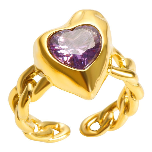 Chunky Purple Heart SS Ring - Gold