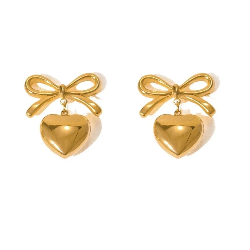 Heart Bow Mini Earrings-Gold