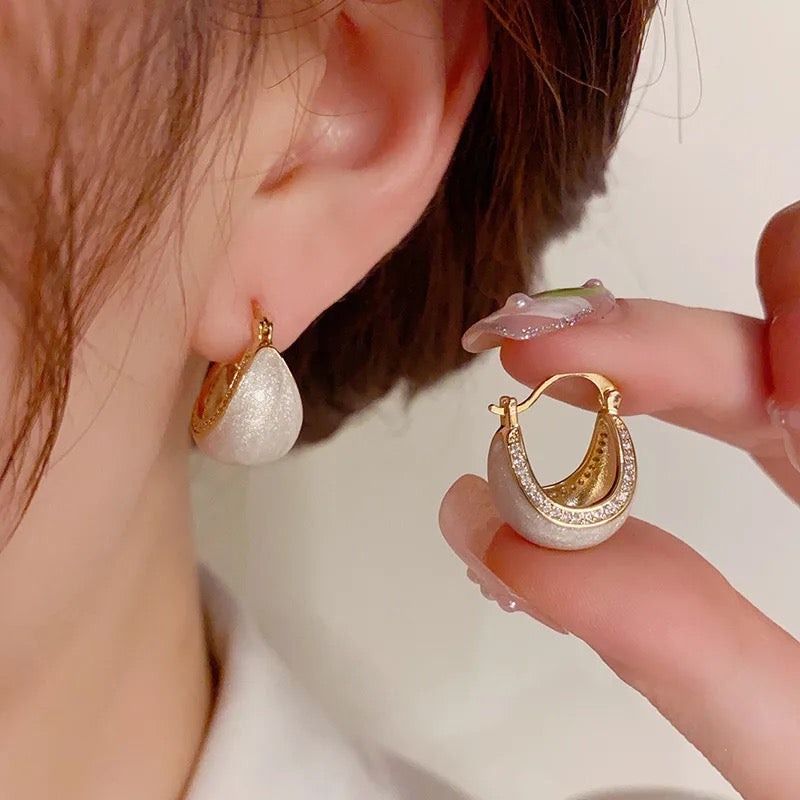 Tiny White Studded Enamel Hoop Earrings