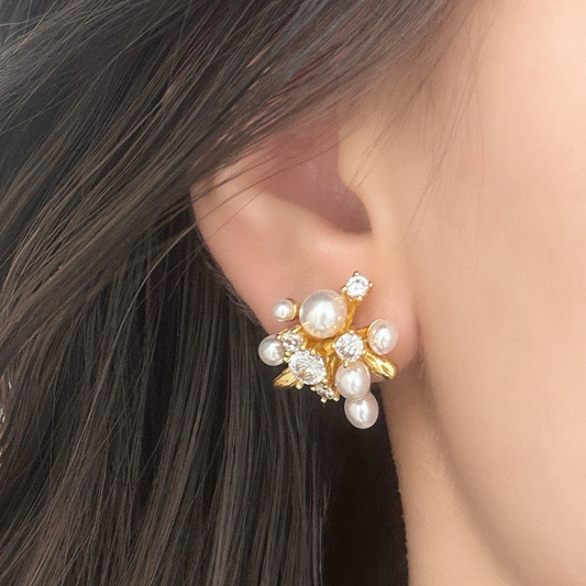 Pearl Cluster Stud Earrings-Gold