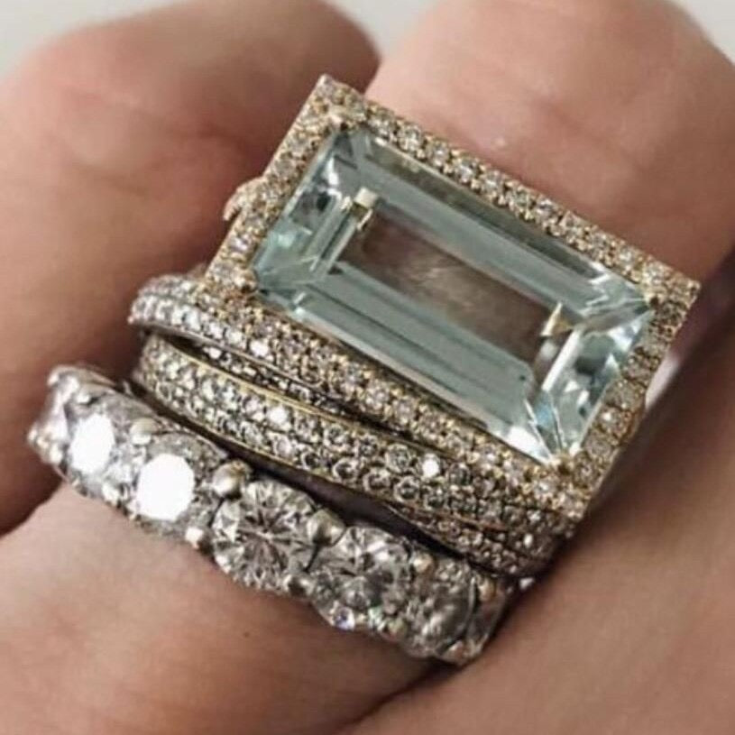Massive Emerald Cut 3 Pc Silver Ring Set
