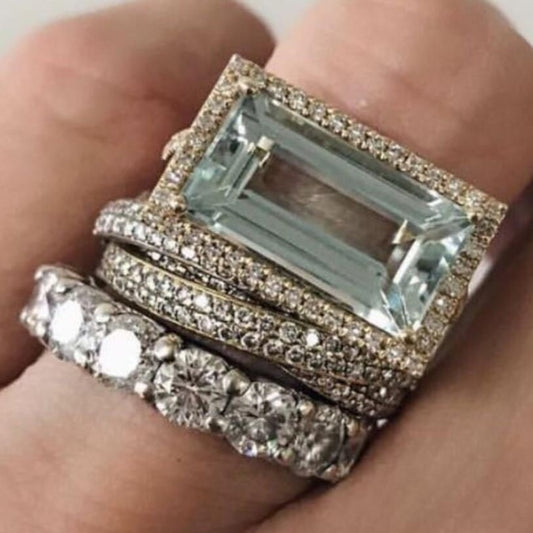 Massive Emerald Cut 3 Pc Silver Ring Set