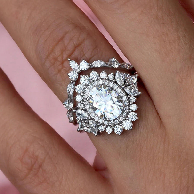 Halo Floral Solitaire Ring 2 Pc Set- Silver