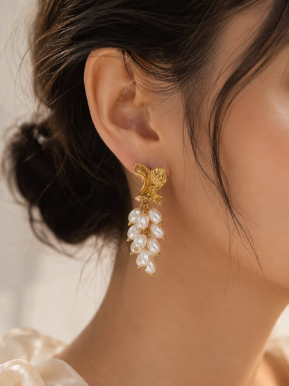 Leaf Pearl Drop Earrings-Gold