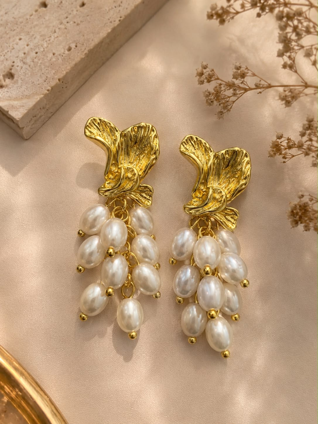 Leaf Pearl Drop Earrings-Gold