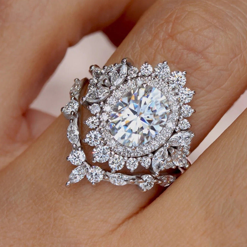Halo Floral Solitaire Ring 2 Pc Set- Silver