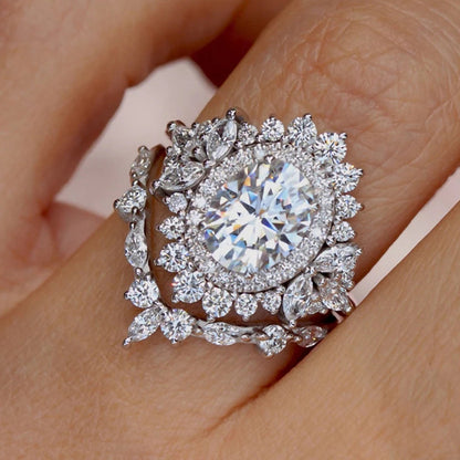 Halo Floral Solitaire Ring 2 Pc Set- Silver