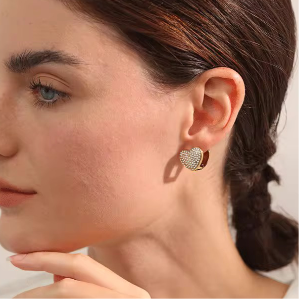Studded Heart Clip On Earrings-Gold