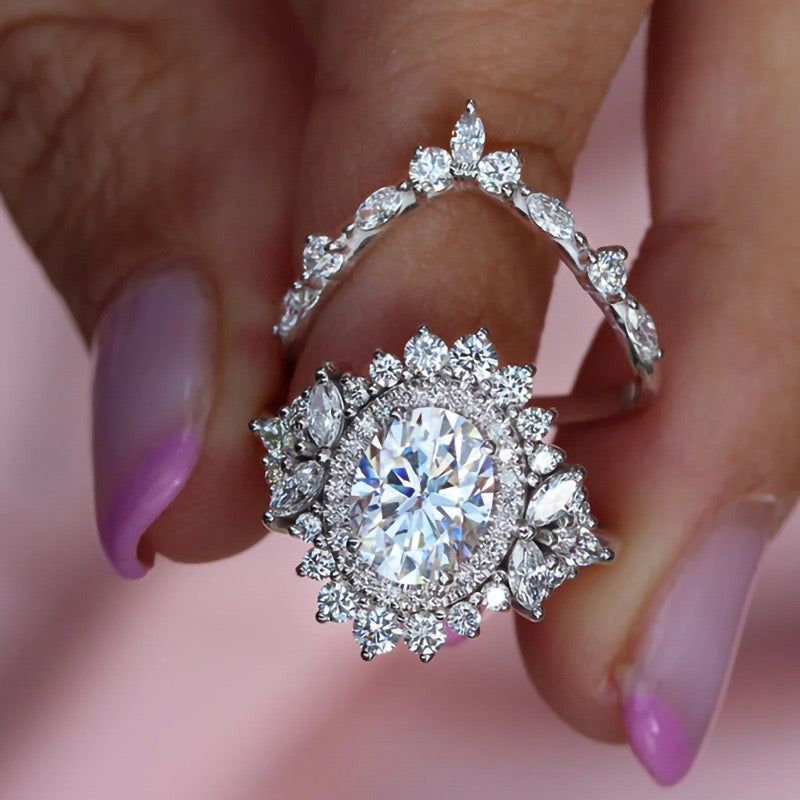 Halo Floral Solitaire Ring 2 Pc Set- Silver
