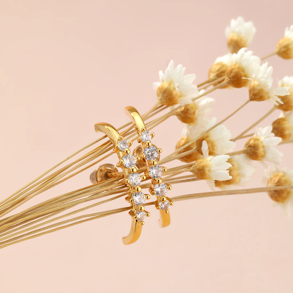 Vertical Studded Huggies/ Cuffed Earrings-Gold