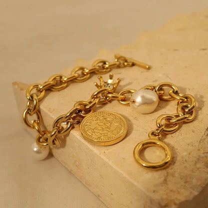 Chunky Pearl Coin Charm Bracelet - Gold