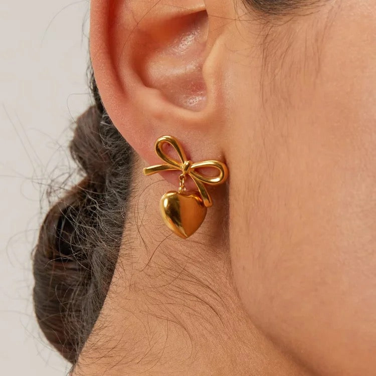 Heart Bow Mini Earrings-Gold