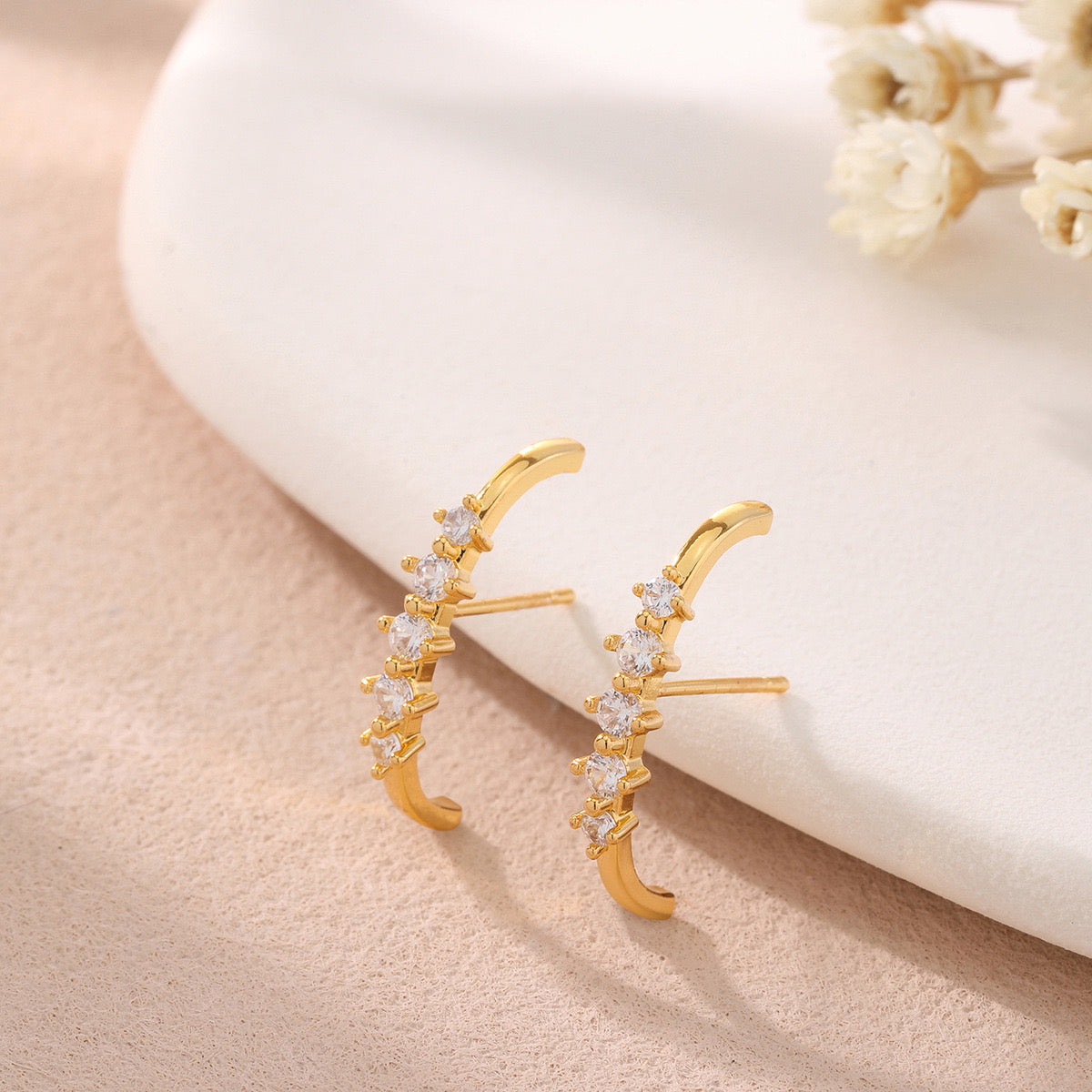 Vertical Studded Huggies/ Cuffed Earrings-Gold