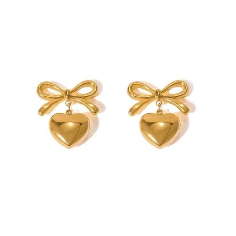 Heart Bow Mini Earrings-Gold