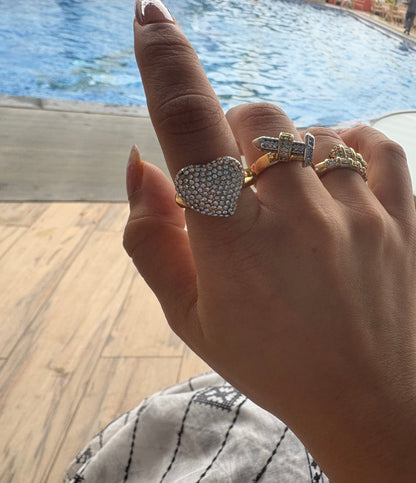 Studded Heart Adjustable Ring-Gold
