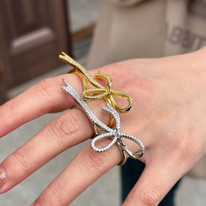 2 Finger Studded Bow Ring-Gold