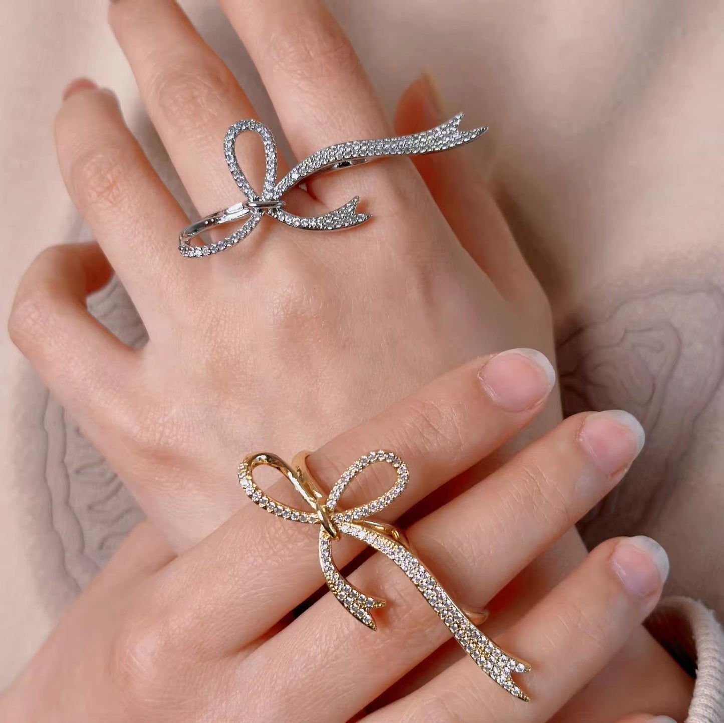 2 Finger Studded Bow Ring-Gold