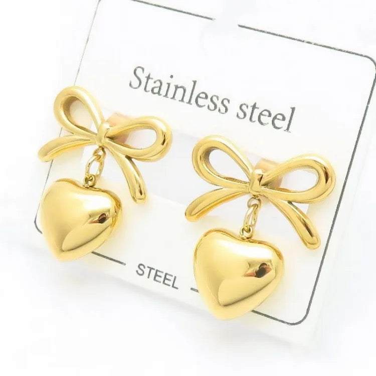 Heart Bow Mini Earrings-Gold