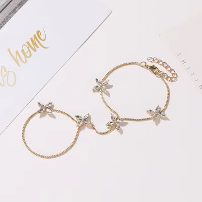 Daimond Flower Wrist & Finger Bracelet- Gold