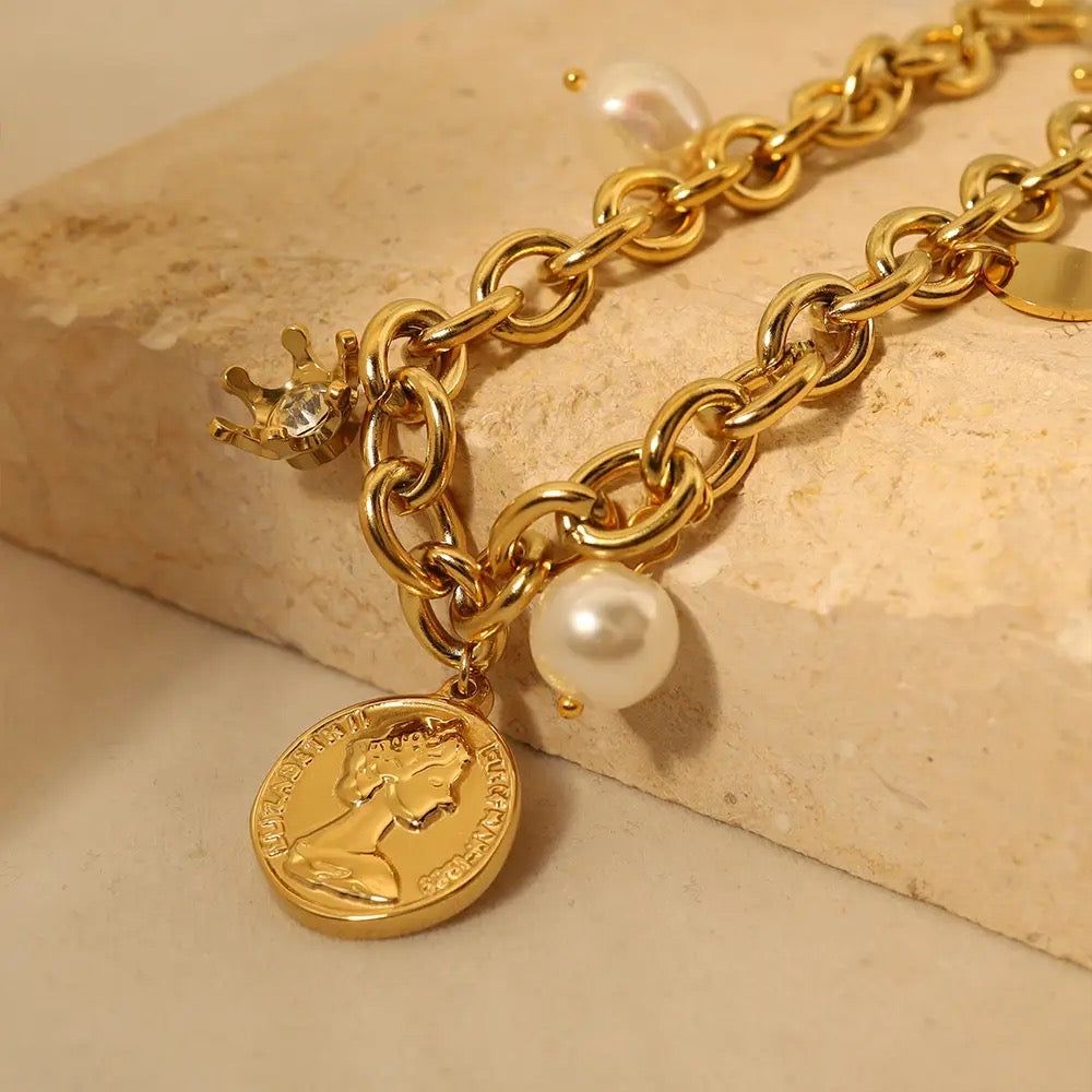 Chunky Pearl Coin Charm Bracelet - Gold