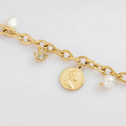 Chunky Pearl Coin Charm Bracelet - Gold