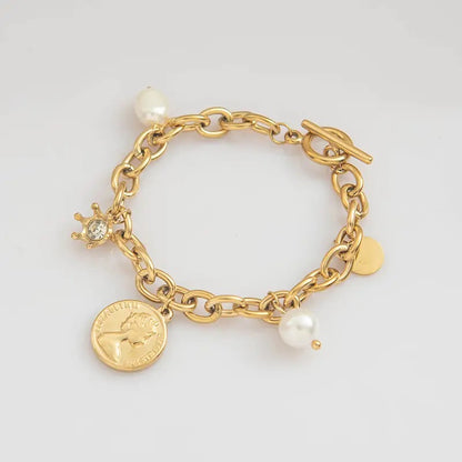 Chunky Pearl Coin Charm Bracelet - Gold