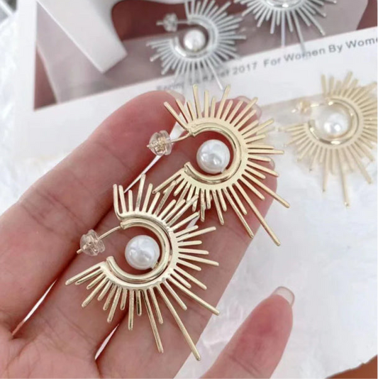 Sun Moon Pearl Hoops-Gold