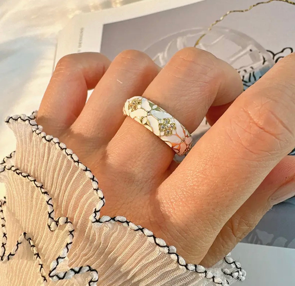White Lace Enamel Ring
