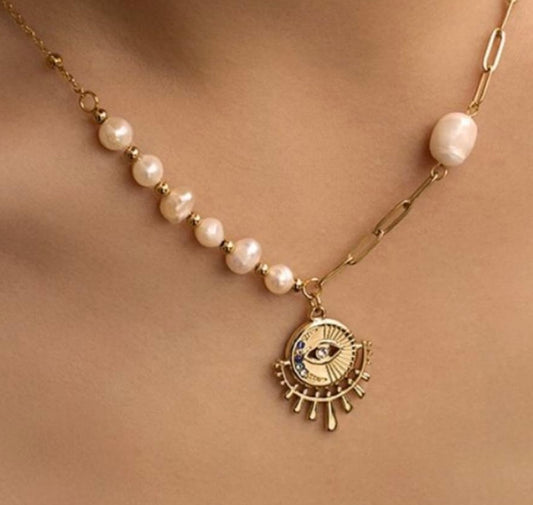 Evil Eye Fresh Water Pearl Necklace