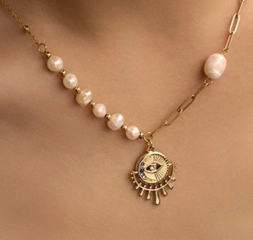 Evil Eye Fresh Water Pearl Necklace